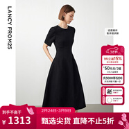 朗姿【Basic衣櫥】小香風(fēng)法式赫本風(fēng)波點(diǎn)小黑裙女收腰高智連衣裙 黑色 M