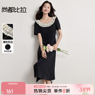 尚都比拉【撞色花邊】?jì)?yōu)雅通勤U型領(lǐng)側縫前移收褶下擺開(kāi)叉短袖連衣裙 黑色 XL 120-130斤建議選擇