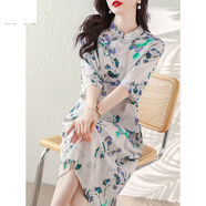 花花公子（PLAYBOY）中年婦女連衣裙高檔棉麻夏季2025新款印花改良旗袍裙中國風(fēng)顯瘦氣 圖片色 2XL