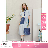 兩三事海邊野餐 2025夏季新款森女風(fēng)撞色領(lǐng)帶印花拼條紋連衣裙 藍色-y M