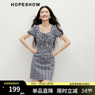 紅袖復古格子連衣裙2025夏季新款女裝泡泡袖鉆石領(lǐng)小眾不撞款中長(cháng)裙 藏青格915 S