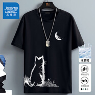 真維斯（Jeanswest）冰絲中袖男2026夏季簡(jiǎn)約印花寬松冰感速干短袖T恤男士大碼上衣服 黑色(月下貓胸標_右下標) 3XL (體重180-205斤)