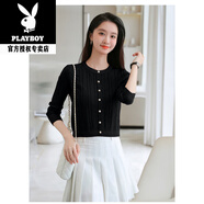 花花公子（PLAYBOY）小個(gè)子針織假開(kāi)衫秋冬修身外搭圓領(lǐng)上衣長(cháng)袖短款白色麻花毛衣外套 黑色 L