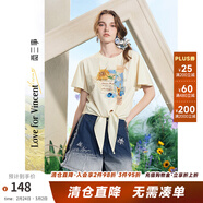 兩三事梵高文藝 靈感詩(shī)箋 2025夏季新款印花刺繡綁帶短袖t恤女寬松 黑色 M