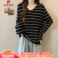皮爾卡丹條紋V領(lǐng)長(cháng)袖針織打底衫T恤女春秋2026大碼胖mm高級感重工亮片上衣 黑條春款/時(shí)尚高級感正肩//今年流行漂亮/名媛氣質(zhì) M 建議80-100斤