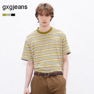 gxgjeans男裝 情侶撞色條紋設計多色休閑圓領(lǐng)短袖t恤上衣26夏新品 灰黃條 預售3月25日發(fā) 3XL (190)