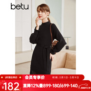 betu百圖女裝網(wǎng)紗拼接小高領(lǐng)木耳邊燈籠袖針織連衣裙女2110T69 黑色 L