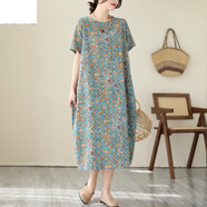 皮爾卡丹（pierre cardin）中年婦女連衣裙高檔復古碎花棉麻短袖女夏季遮肉顯瘦寬松繭型亞麻 圖片色 L 【100-140斤】