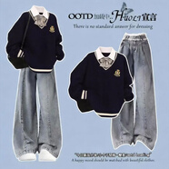 芙伊心Fuyixin2026年春季新款學(xué)生韓系學(xué)院風(fēng)毛衣休閑洋氣牛仔褲兩件套 假兩件藏青毛衣+蕾絲牛仔褲領(lǐng)結 693B# S 建議70-85斤