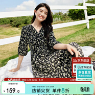 尚都比拉度假風(fēng)碎花連衣裙女夏天V領(lǐng)氣質(zhì)中長(cháng)裙收腰A字雪紡裙子 黑花  2XL