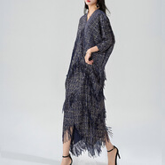 連衣裙大碼女裝高級感流蘇拼接褶皺歐美時(shí)尚禮服裙子洋裝 深藍色 均碼