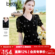 百圖betu女裝夏新款連衣裙短袖雪紡萌兔繡花減齡連衣裙女2303T90 黑色 S