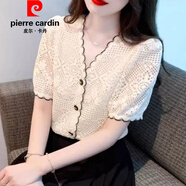 皮爾卡丹（pierre cardin）2026新款韓國氣質(zhì)顯瘦V領(lǐng)黑邊拼接單排扣短袖鉤花蕾絲上衣女夏季 杏色 M 90-100斤