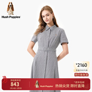 暇步士（Hush Puppies）女裝夏新款純棉休閑風(fēng)提花修身顯瘦可調節腰襯衫連衣裙 388黑白 S