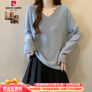 皮爾卡丹條紋V領(lǐng)長(cháng)袖針織打底衫T恤女春秋2026大碼胖mm高級感重工亮片上衣 藍色優(yōu)質(zhì)版今年流行漂亮/超洋氣歐貨小衫/插肩袖 M 建議80-100斤
