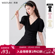 西遇V領(lǐng)泡泡袖連衣裙女2025年早夏新款法式褶皺收腰修身包臀裙子 黑色 L