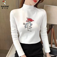 啄木鳥(niǎo)螺紋德絨加厚半高領(lǐng)燙鉆打底衫2025大碼長(cháng)袖t恤女中年小衫潮 0077  白色D  一支紅枚 4XL 建議145-160斤