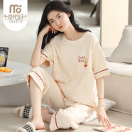 莫代爾女式夏季純棉睡衣2026新款短袖七分褲女式套裝夏季時(shí)尚家居服裝夏 SR:79962杏色小熊英文 套頭短袖七分褲 M 【柔軟親膚，舒適純棉】