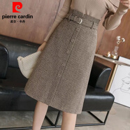 皮爾卡丹（pierre cardin）前開(kāi)叉一步裙半身裙秋冬a字裙女中長(cháng)款新款毛呢包臀裙高腰中長(cháng)裙 皮帶千鳥(niǎo)格排扣中長(cháng) 灰黑色 S