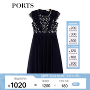 PORTS寶姿女裝夏新品拼接蕾絲雪紡荷葉邊連衣裙ALM8D100GWS001 丈青 S (4)