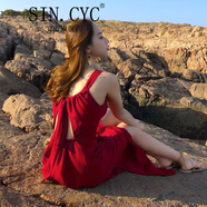 SIN.CYC 法式女裝露背連衣裙女沙灘裙海邊度假裙夏季很仙的長裙性感 紅色 L