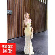 法式黃色碎花吊帶連衣裙女夏季海邊度假修身顯瘦網(wǎng)紗魚(yú)尾包臀長(cháng)裙 黃色 S