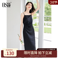 歐莎（OSA）新中式吊帶裙女2025夏季新款打褶收腰設計感無(wú)袖連衣裙百搭 黑色 S