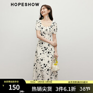 紅袖【曳舞花姿】茶歇法式連衣裙夏季新款女裝 收腰鉆石領(lǐng)碎花裙 米底黑花670 S