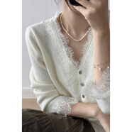 小紅書(shū)秋新款V領(lǐng)羊毛開(kāi)衫女寬松韓版蕾絲薄短款拼接長(cháng)袖針織 白色 S