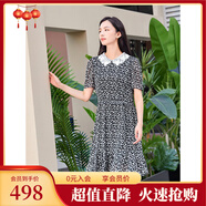 敦奴（DUNNU）dunnu敦奴2024夏新款減齡蕾絲翻領(lǐng)雪紡印花連衣裙女 正黑色 M