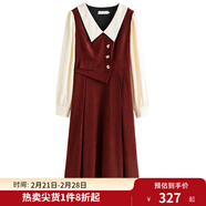 獨束大碼女裝假兩件撞色襯衫領(lǐng)連衣裙女秋冬微胖mm文藝復古穿搭裙子 勃艮第紅【適合160左右】 4XL