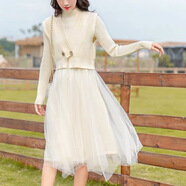 針織連衣裙女秋冬2024新款馬甲套裝裙兩件套針織拼接網(wǎng)紗裙打底裙 杏色 均碼