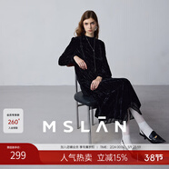 MSLAN|商場(chǎng)同款冬季新款氣質(zhì)絲絨蕾絲拼接連衣裙鏤空繡花黑色長(cháng)裙 烏黑 L