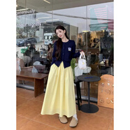 浮夏春裝搭配一整套女大碼胖MM學(xué)院風(fēng)圓領(lǐng)針織開(kāi)衫高腰半身裙兩件套裝 奶油黃 A字半身裙【單件/含內襯】 S 【建議95斤內】