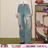 UNIFREE夏季新款百搭牛仔褲女寬松闊腿減齡破洞垂感拖地長(cháng)褲 淺藍色 M