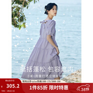 茵曼（INMAN）七七同款連衣裙2026夏女裝新款田園純棉提花方領(lǐng)A字泡泡袖蛋糕裙 紫色 100%棉 里料:100%聚酯纖維 L