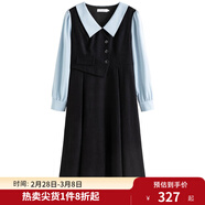 獨束大碼女裝假兩件撞色襯衫領(lǐng)連衣裙女秋冬微胖mm文藝復古穿搭裙子 墨染黑【適合160左右】 M