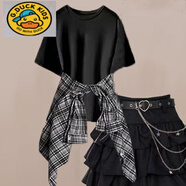 G.duck12到13一15歲大童女裝夏季套裝初中學(xué)生少女襯衫短袖蛋糕裙三件套 襯衫+黑色短袖+黑色裙子【套裝】 170 91-105斤【建議M碼】
