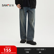三福（SANFU）2025冬季男士口袋紅色撞邊牛仔褲 磨毛寬松直筒長(cháng)褲511773 懷舊藍 28