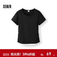 森馬短袖T恤女夏短款假兩件撞色修身褶皺顯瘦小心機百搭簡(jiǎn)約衣服 白黑色調00319 XL