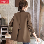 伊婭莎休閑小西裝外套女春秋時(shí)尚修身顯瘦小個(gè)子短款氣質(zhì)開(kāi)叉西服女上衣 (常規)咖色西裝 XL 推薦115-125斤