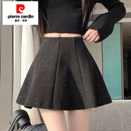 皮爾卡丹（pierre cardin）黑色亮片毛呢短裙女秋冬新款加厚高腰顯瘦蓬蓬傘裙休閑半身裙 黑色  S 【建議75-90斤】