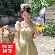 春夏季新款法式少女超仙清新甜美可愛(ài)蛋糕裙修身顯瘦森女連衣裙女 黃色 M