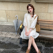 溫柔風(fēng)可鹽可甜小個(gè)子娃娃連衣裙夏季韓版寬松顯瘦V領(lǐng)超仙短裙子 淡杏色S