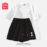 名創(chuàng  )優(yōu)品（MINISO）運動(dòng)套裝女夏季2026年新款純棉短袖小個(gè)子休閑夏裝搭配一整套女裝 白色(m甜心莓胸標)+黑色(m淡草莓褲前左下標) L 165(顯瘦遮肚子)