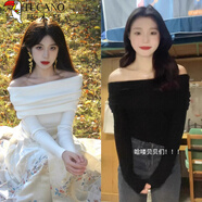 啄木鳥(niǎo)白色一字肩上衣女春秋季露肩毛衣初夏韓系穿搭針織衣服溫柔感 白色+黑色 L