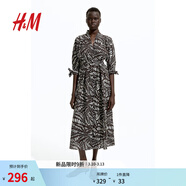 H&M女裝連衣裙春季時(shí)尚腰部系帶襯衫式連身裙1284366 深棕色/圖案 S 160/88