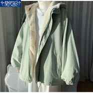 莫代爾羊羔毛外套女2026秋冬季新款設計感加絨加厚棉服寬松棉衣高中學(xué)生 綠色 XL