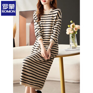 羅蒙（ROMON）針織連衣裙女2024時(shí)尚新款洋氣簡(jiǎn)約條紋秋冬內搭配中長(cháng)款毛衣裙 米色條紋 M 90-102斤
