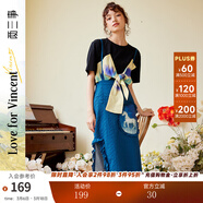 兩三事藍色背帶裙女秋季新款開(kāi)叉顯瘦半身裙復古印花裙子親自征戰 藍色 M